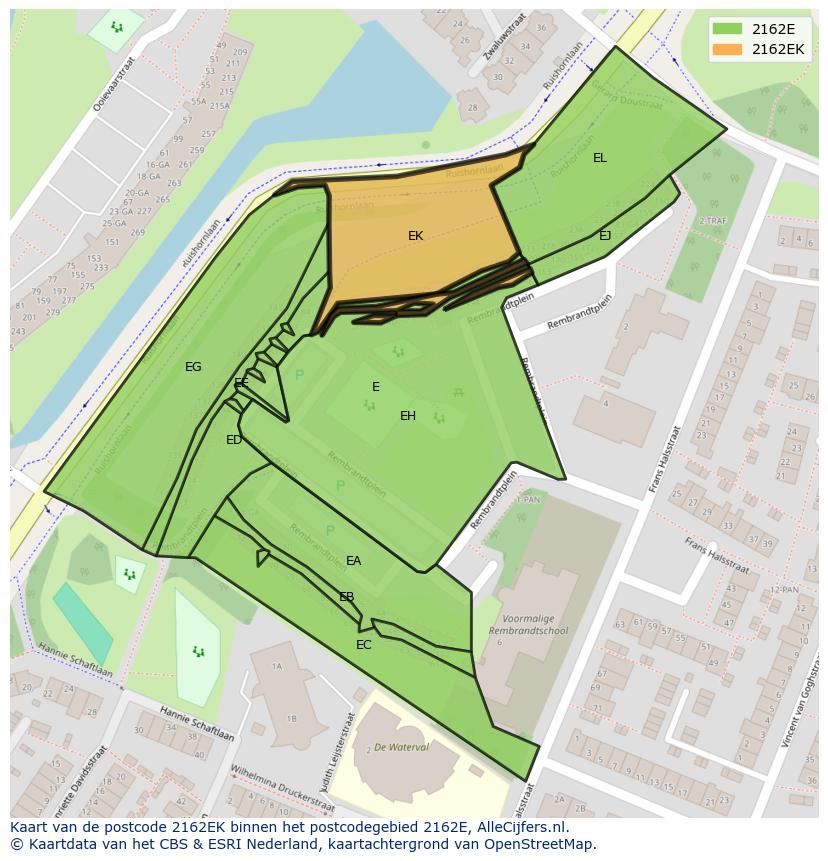 Afbeelding van het postcodegebied 2162 EK op de kaart.