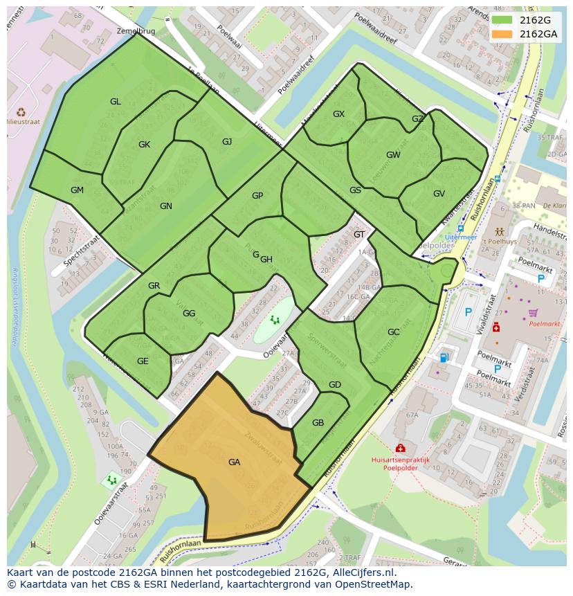 Afbeelding van het postcodegebied 2162 GA op de kaart.