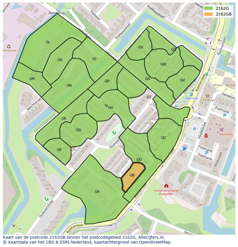 Afbeelding van het postcodegebied 2162 GB op de kaart.
