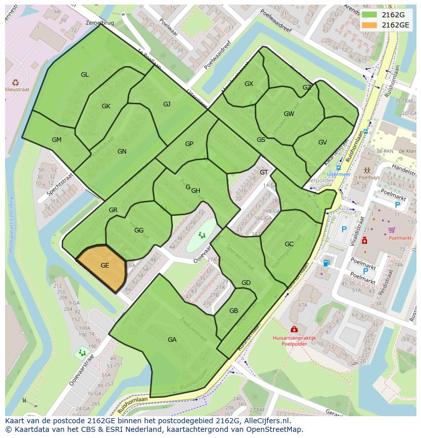 Afbeelding van het postcodegebied 2162 GE op de kaart.