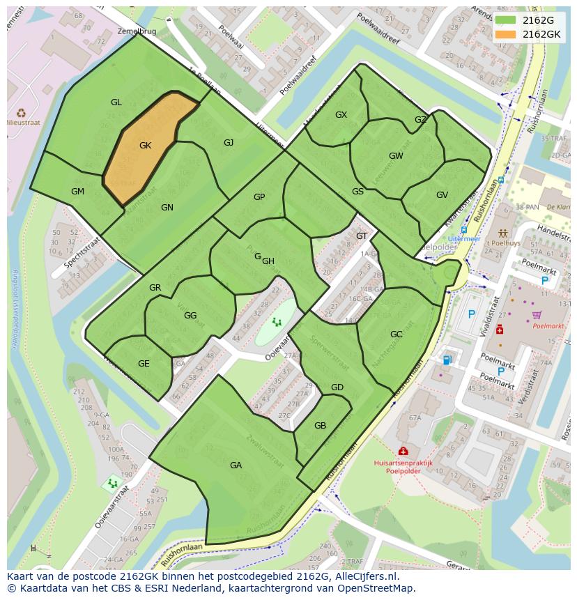 Afbeelding van het postcodegebied 2162 GK op de kaart.