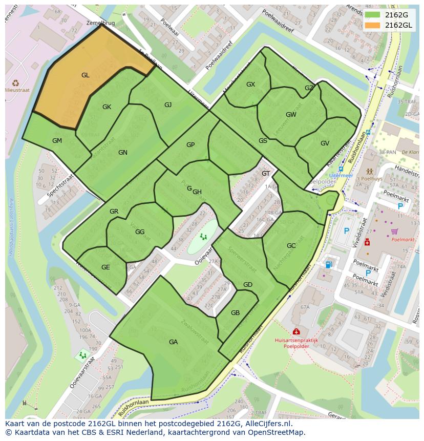 Afbeelding van het postcodegebied 2162 GL op de kaart.