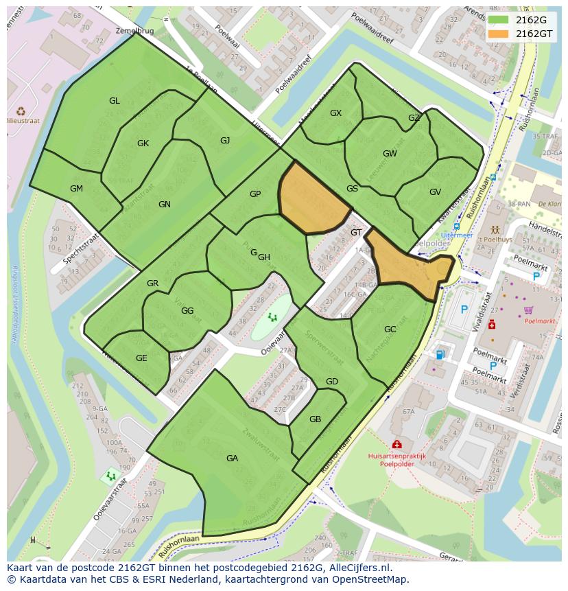 Afbeelding van het postcodegebied 2162 GT op de kaart.
