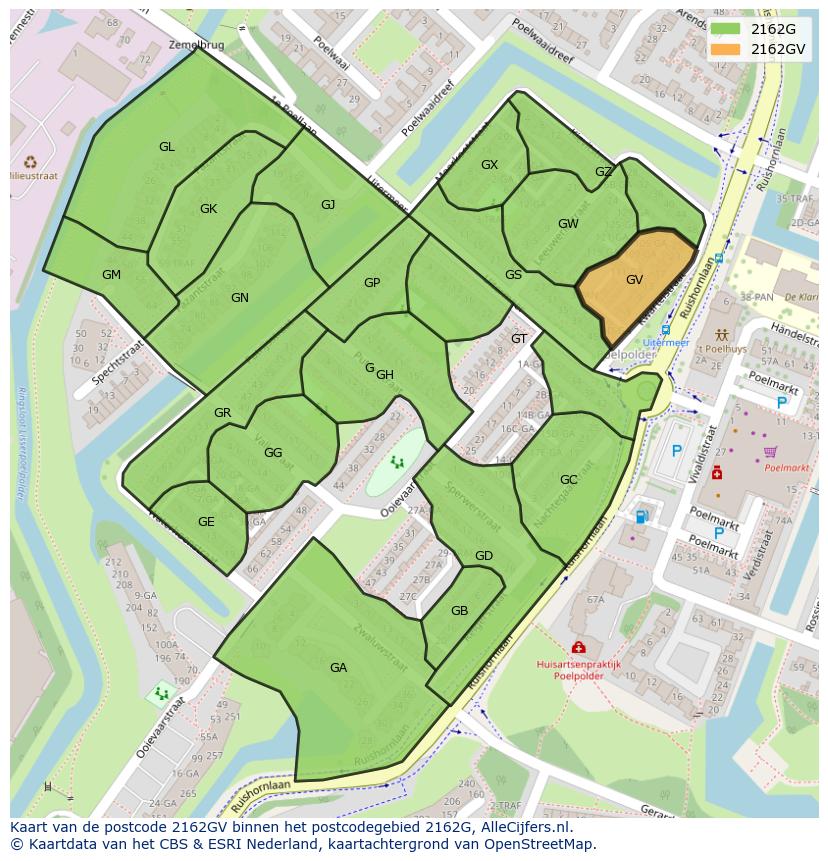 Afbeelding van het postcodegebied 2162 GV op de kaart.