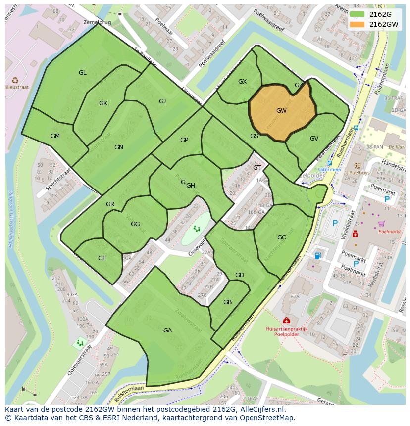 Afbeelding van het postcodegebied 2162 GW op de kaart.