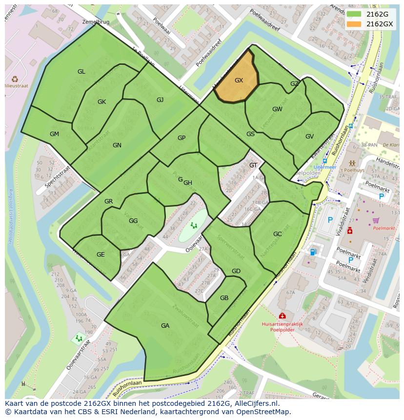 Afbeelding van het postcodegebied 2162 GX op de kaart.