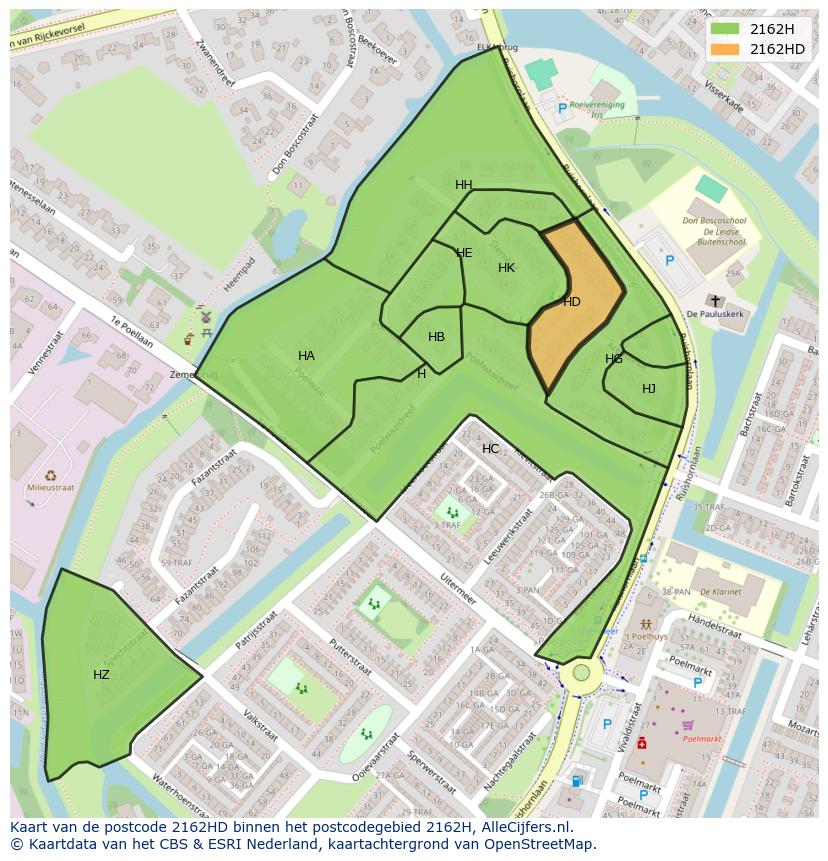 Afbeelding van het postcodegebied 2162 HD op de kaart.