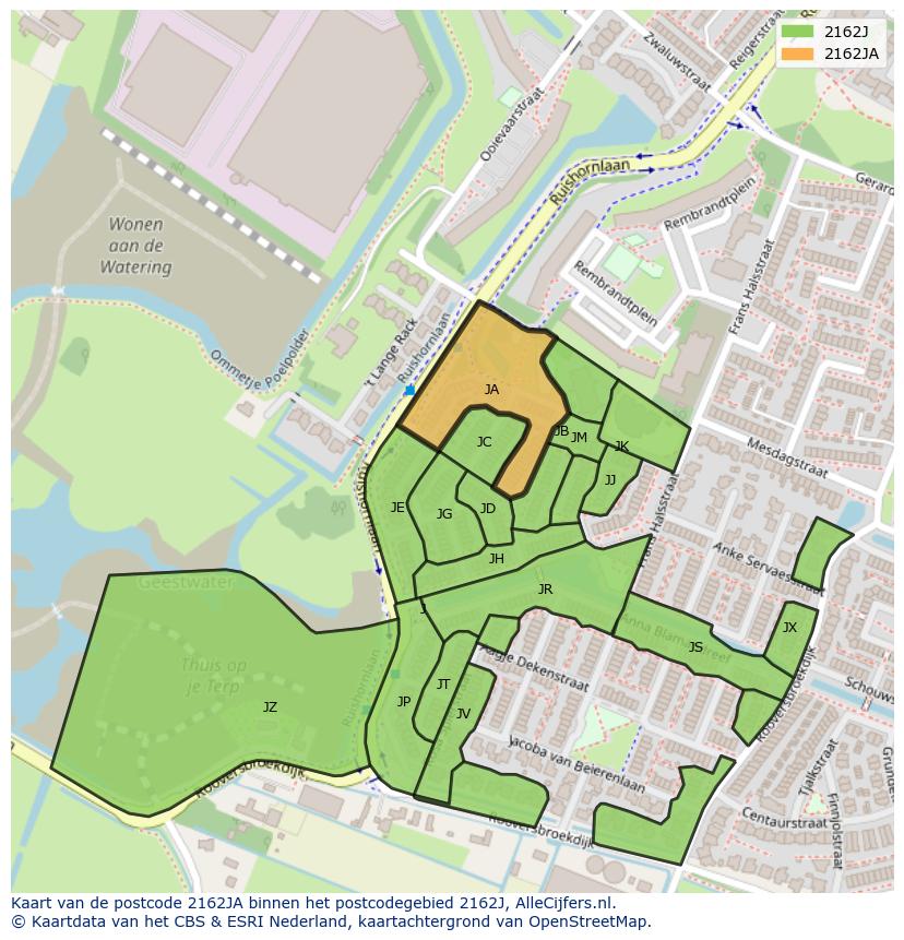 Afbeelding van het postcodegebied 2162 JA op de kaart.