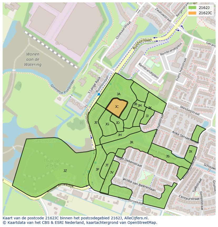Afbeelding van het postcodegebied 2162 JC op de kaart.