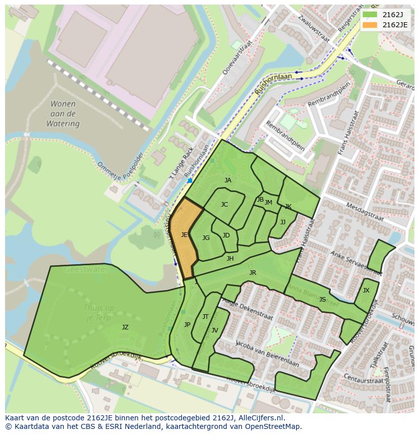 Afbeelding van het postcodegebied 2162 JE op de kaart.