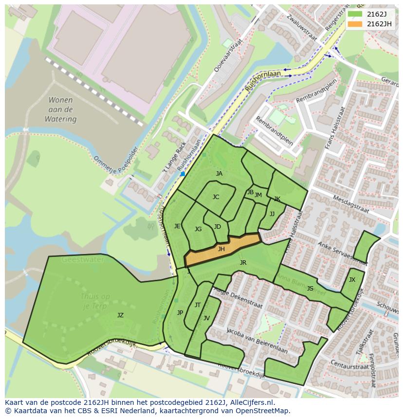 Afbeelding van het postcodegebied 2162 JH op de kaart.