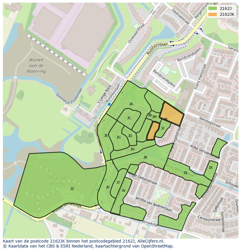 Afbeelding van het postcodegebied 2162 JK op de kaart.