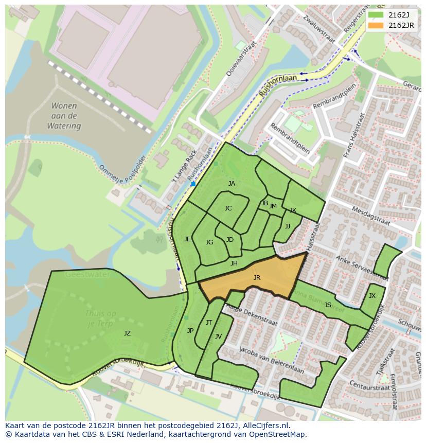 Afbeelding van het postcodegebied 2162 JR op de kaart.