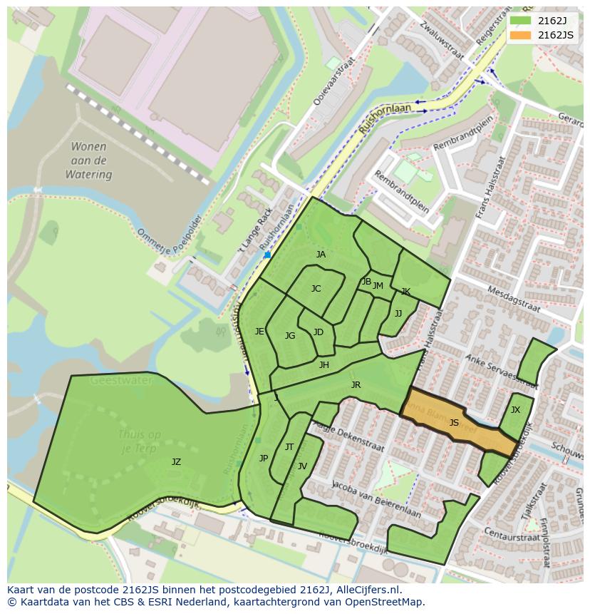 Afbeelding van het postcodegebied 2162 JS op de kaart.