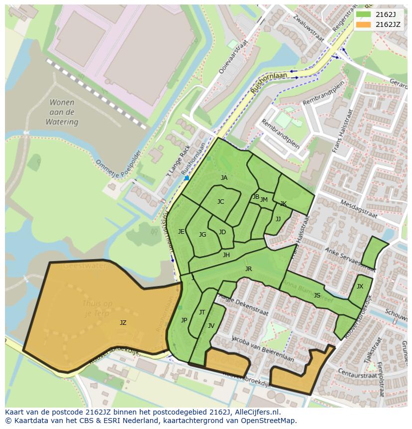 Afbeelding van het postcodegebied 2162 JZ op de kaart.