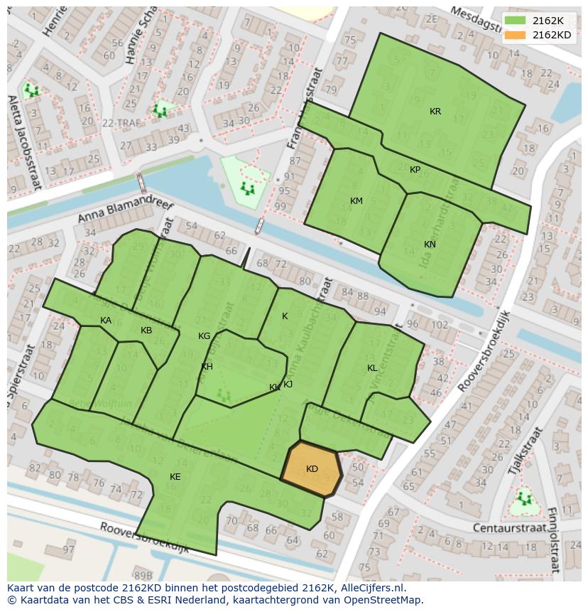 Afbeelding van het postcodegebied 2162 KD op de kaart.