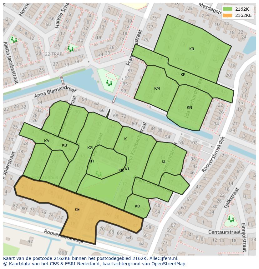 Afbeelding van het postcodegebied 2162 KE op de kaart.