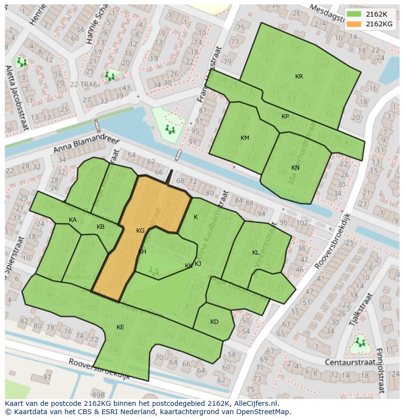 Afbeelding van het postcodegebied 2162 KG op de kaart.