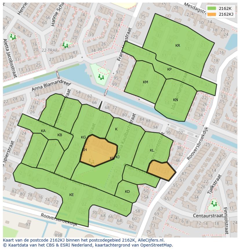 Afbeelding van het postcodegebied 2162 KJ op de kaart.