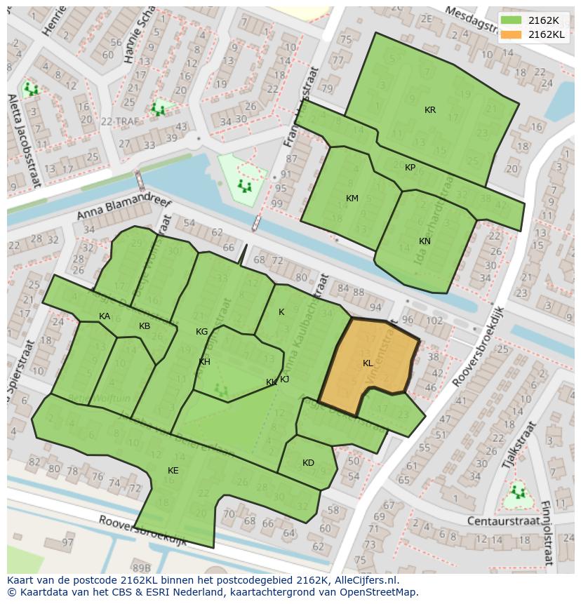 Afbeelding van het postcodegebied 2162 KL op de kaart.