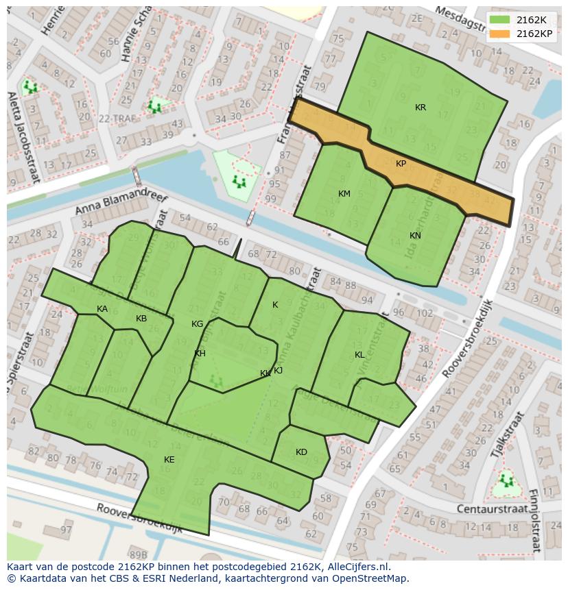 Afbeelding van het postcodegebied 2162 KP op de kaart.