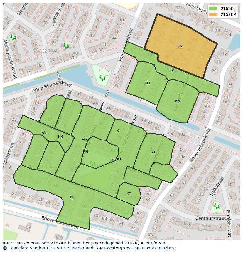 Afbeelding van het postcodegebied 2162 KR op de kaart.