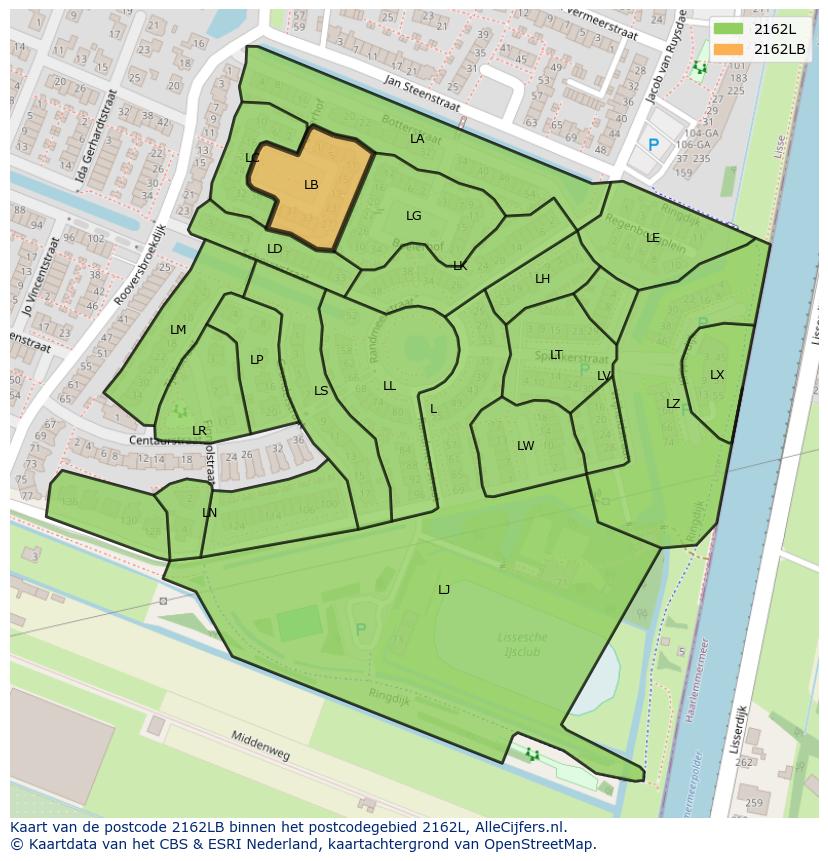 Afbeelding van het postcodegebied 2162 LB op de kaart.