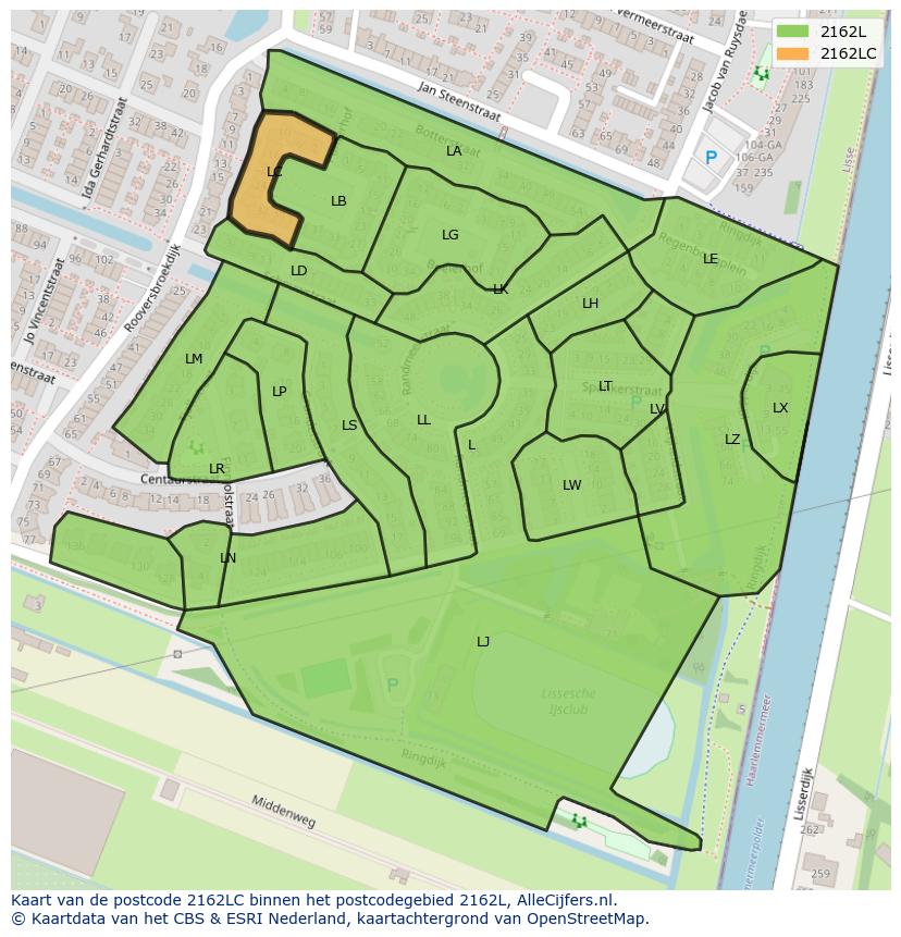 Afbeelding van het postcodegebied 2162 LC op de kaart.