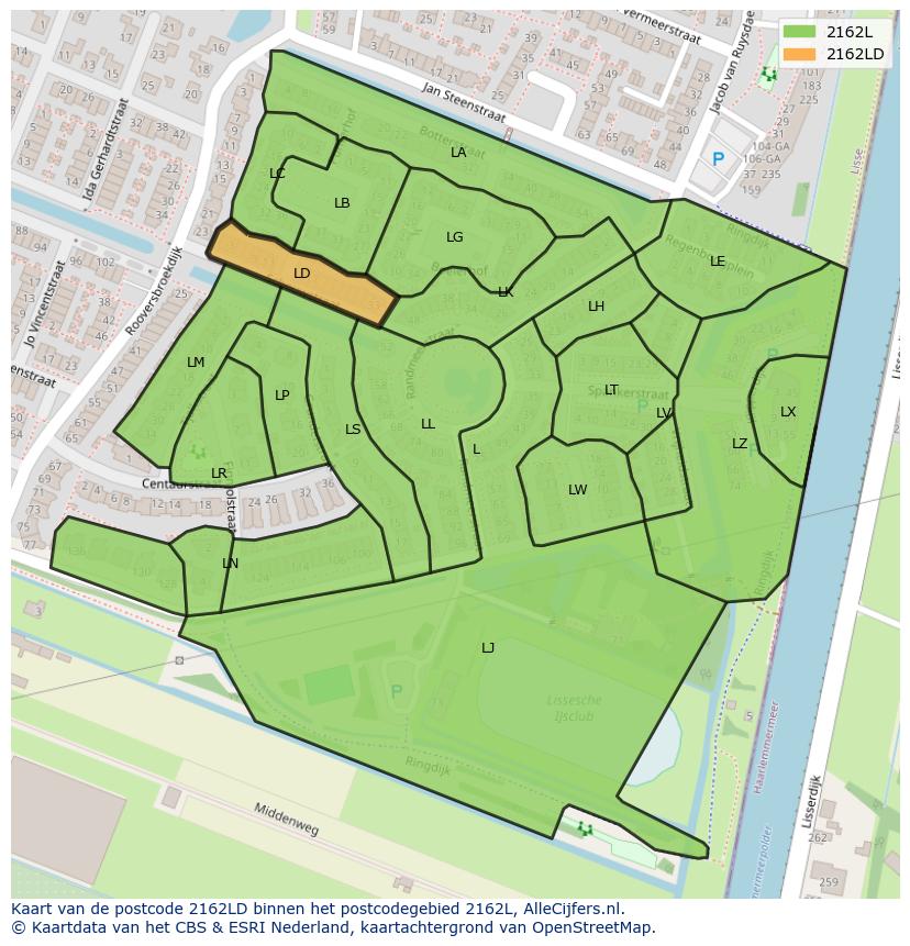 Afbeelding van het postcodegebied 2162 LD op de kaart.