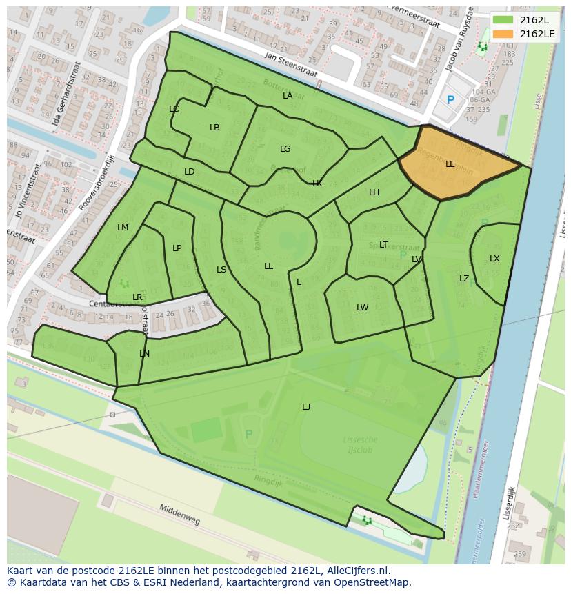 Afbeelding van het postcodegebied 2162 LE op de kaart.