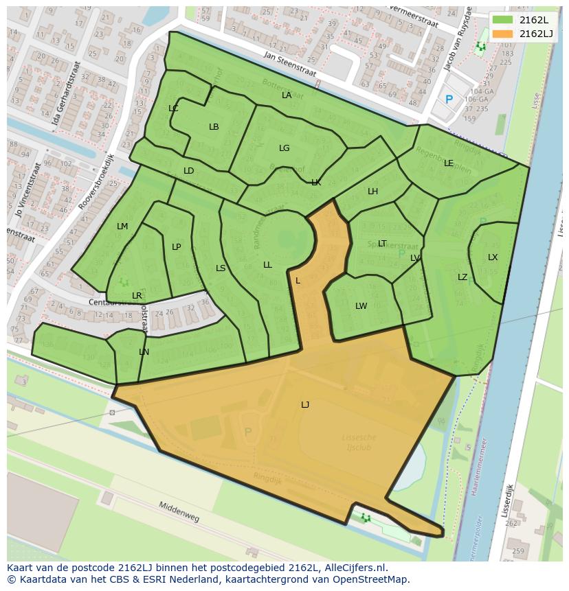 Afbeelding van het postcodegebied 2162 LJ op de kaart.