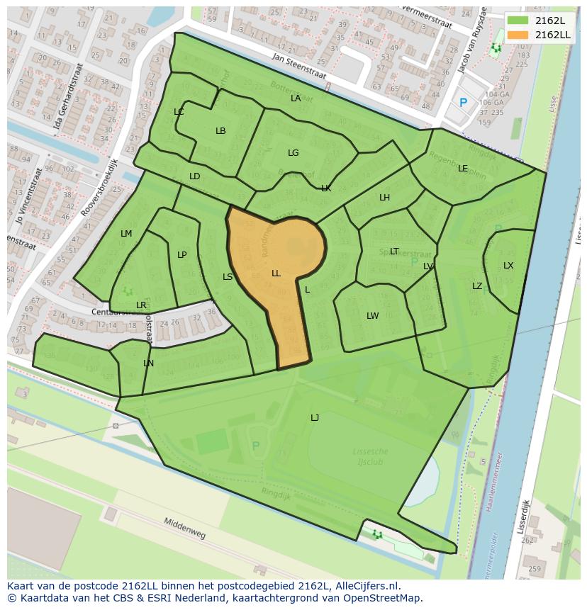 Afbeelding van het postcodegebied 2162 LL op de kaart.