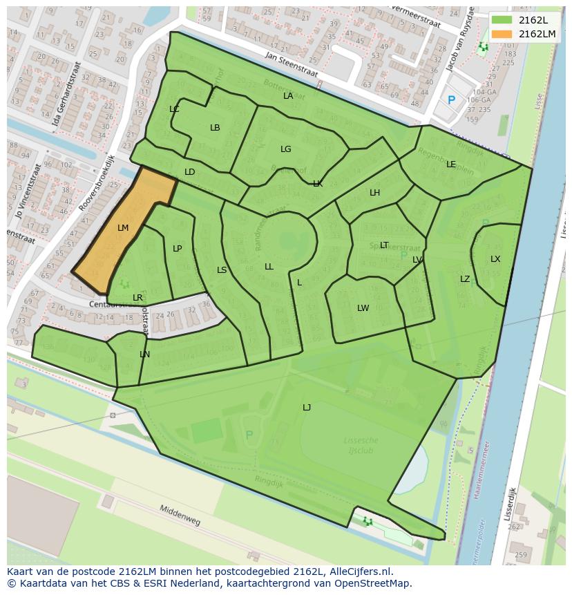 Afbeelding van het postcodegebied 2162 LM op de kaart.