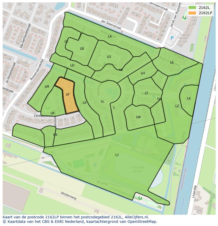 Afbeelding van het postcodegebied 2162 LP op de kaart.