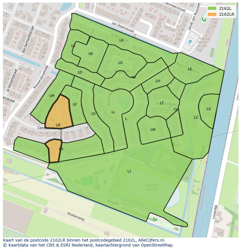 Afbeelding van het postcodegebied 2162 LR op de kaart.