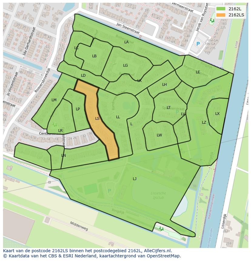 Afbeelding van het postcodegebied 2162 LS op de kaart.