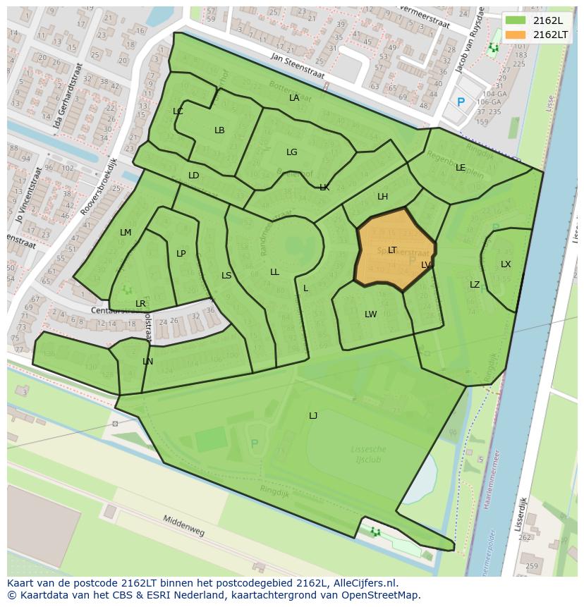 Afbeelding van het postcodegebied 2162 LT op de kaart.