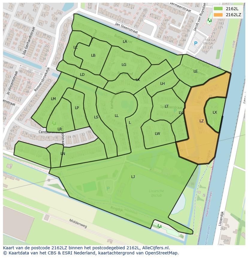 Afbeelding van het postcodegebied 2162 LZ op de kaart.