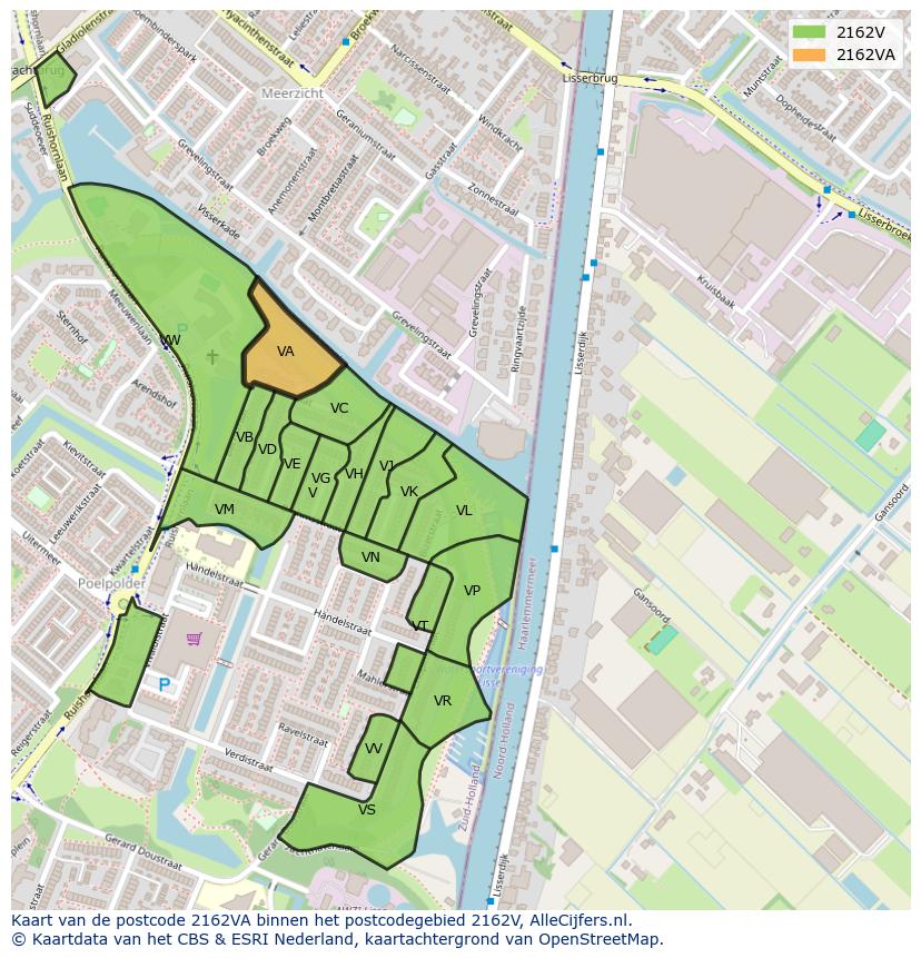 Afbeelding van het postcodegebied 2162 VA op de kaart.