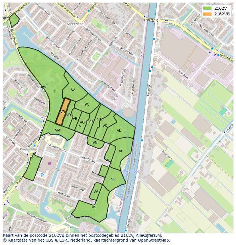 Afbeelding van het postcodegebied 2162 VB op de kaart.