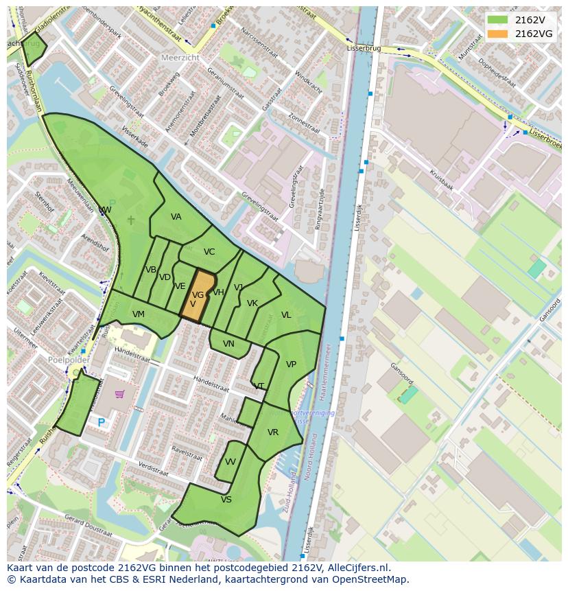Afbeelding van het postcodegebied 2162 VG op de kaart.