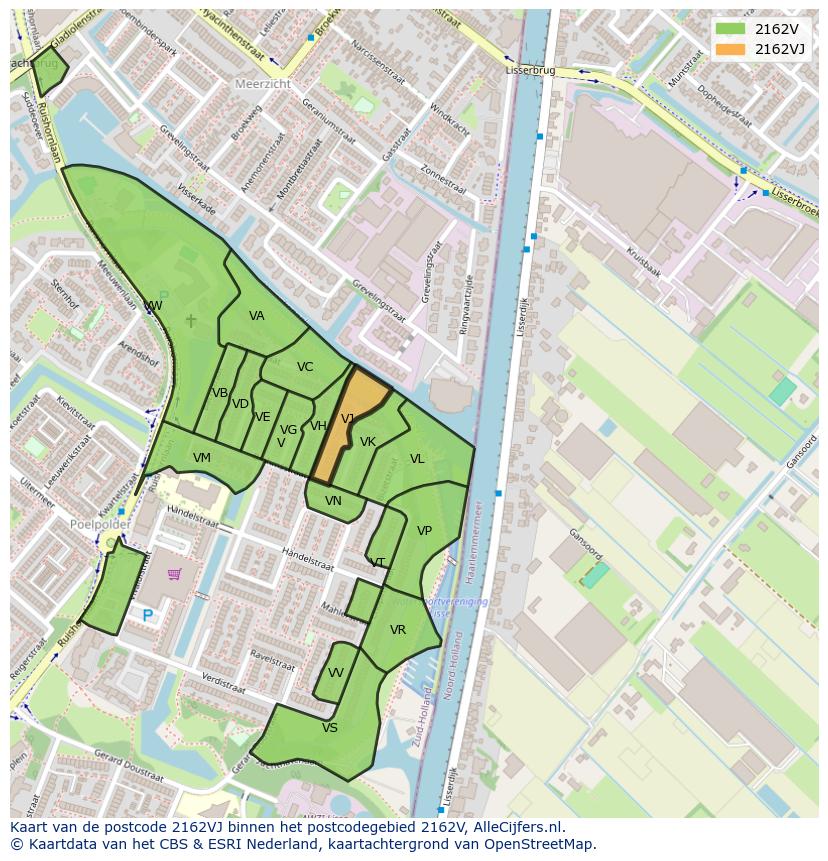 Afbeelding van het postcodegebied 2162 VJ op de kaart.