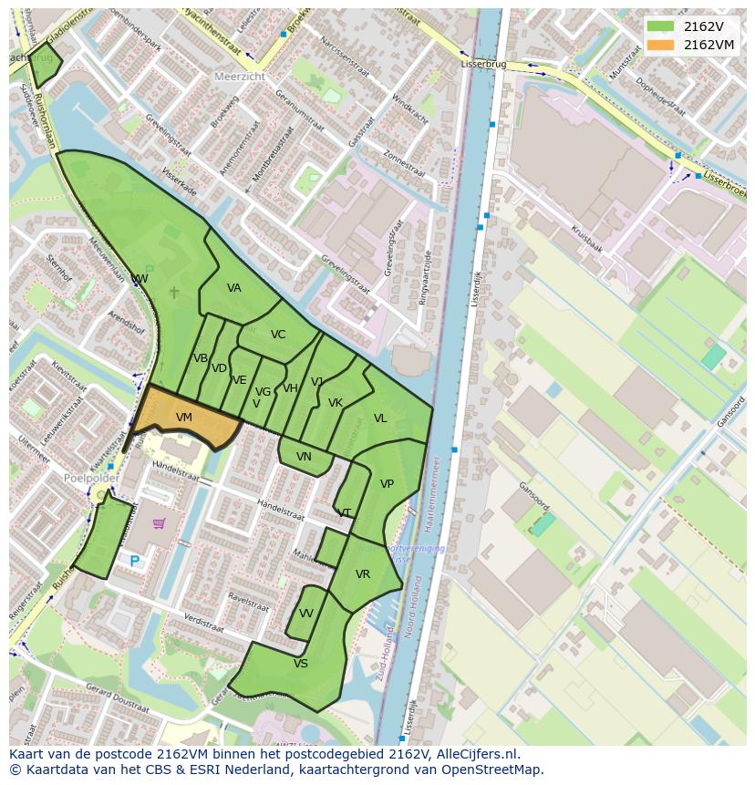 Afbeelding van het postcodegebied 2162 VM op de kaart.