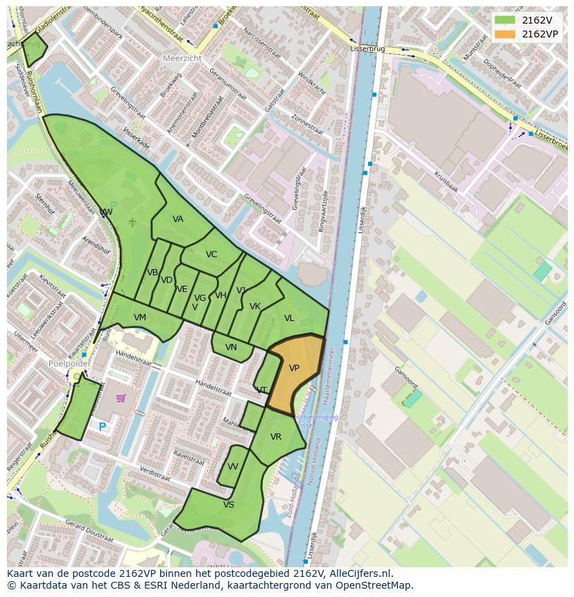 Afbeelding van het postcodegebied 2162 VP op de kaart.