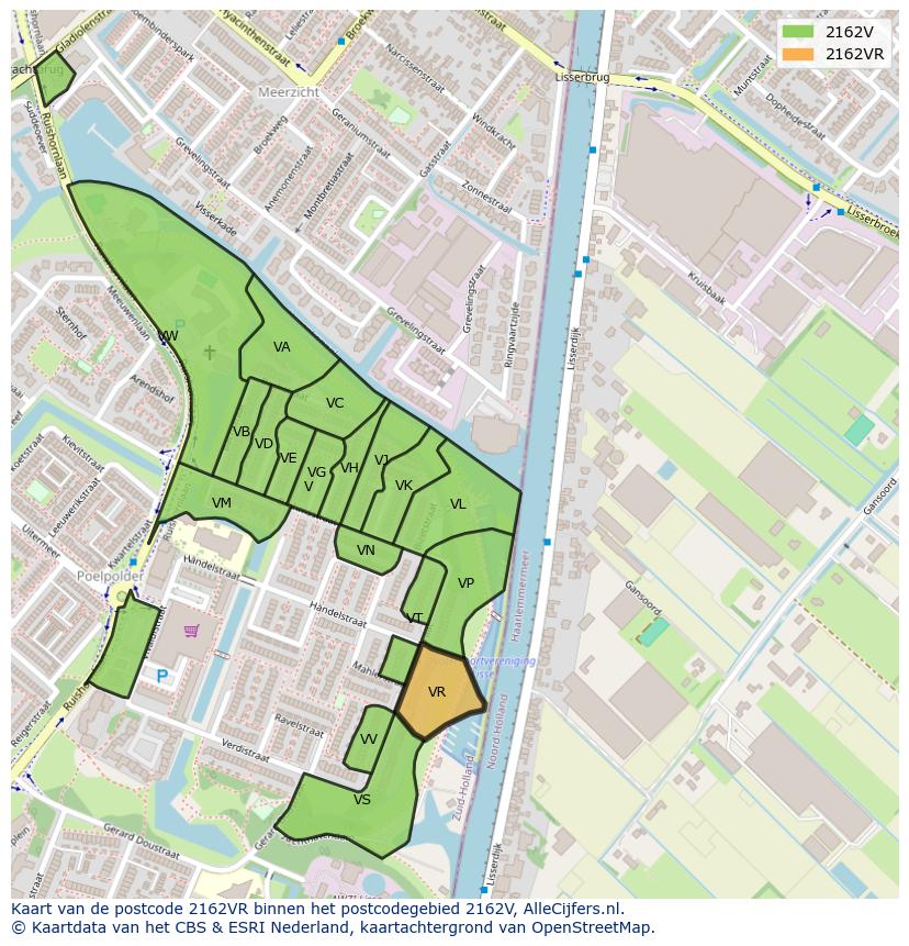 Afbeelding van het postcodegebied 2162 VR op de kaart.