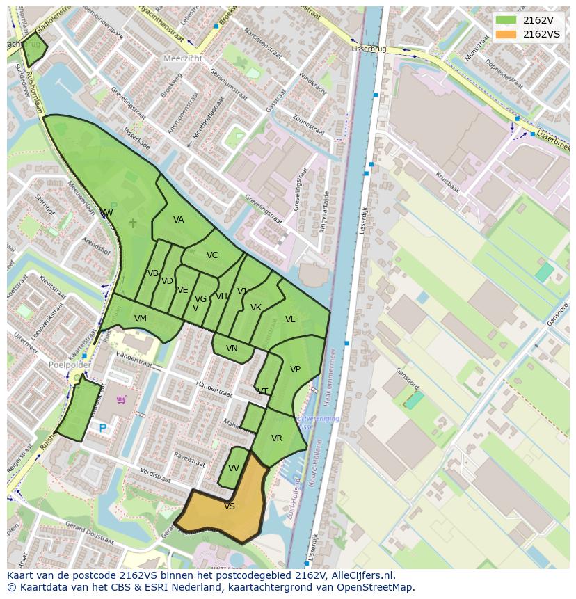 Afbeelding van het postcodegebied 2162 VS op de kaart.