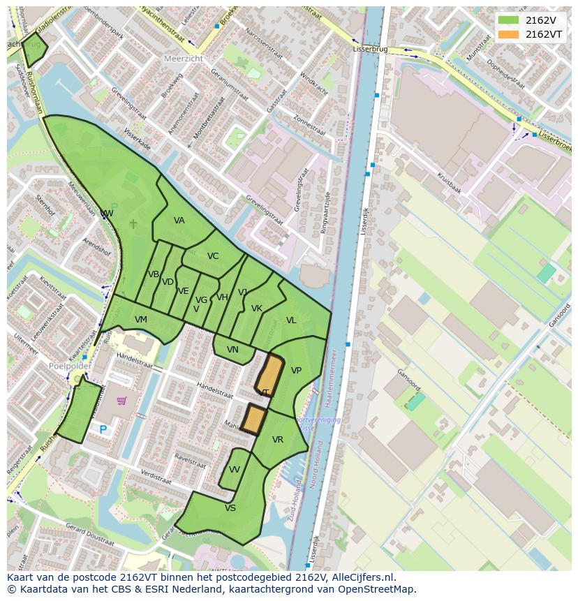 Afbeelding van het postcodegebied 2162 VT op de kaart.