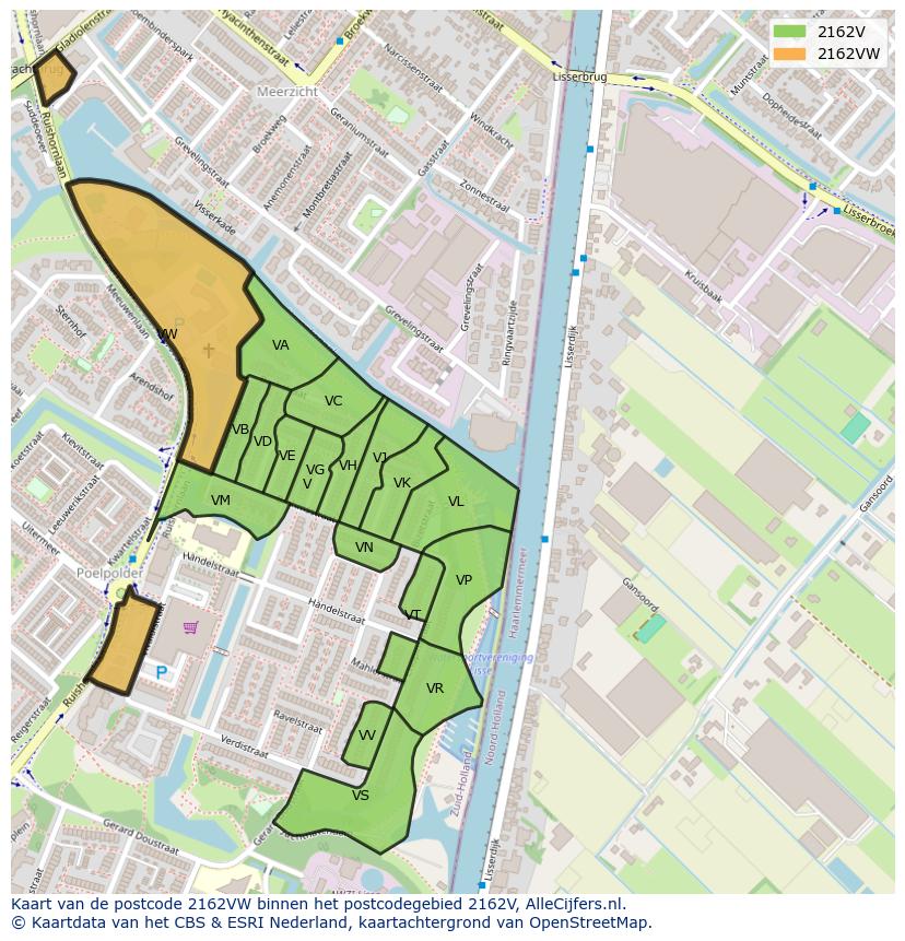 Afbeelding van het postcodegebied 2162 VW op de kaart.