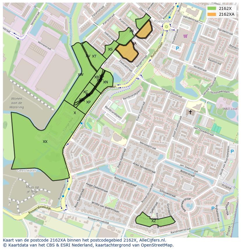 Afbeelding van het postcodegebied 2162 XA op de kaart.