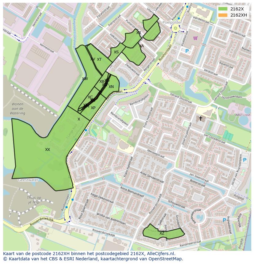 Afbeelding van het postcodegebied 2162 XH op de kaart.